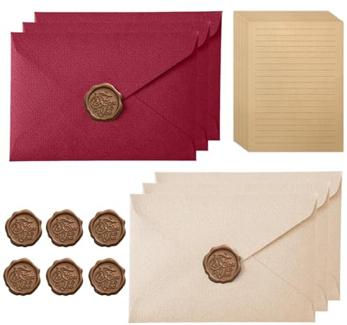 Skrivset med 6 Kuvert, 10 A5-Papper & 6 Sigill, Present till Bröllop/Fest (Mörkröd & Off-White)
