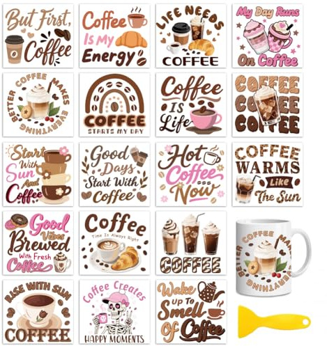 Peacoblue Rub on Aufkleber,Kaffee und Wörter Transfersticker UV DTF | 18 Blatt wasserfeste UV DTF sticker Rub On Folien für Holz, Glas, Metall, Becher, Spiegel und DIY Wohndekoration