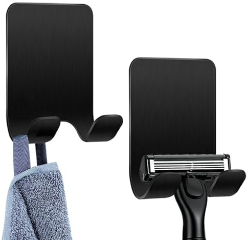 Tashce Rasierer Halterung Dusche 2 Stück Schwarz, Selbstklebend Haken | Edelstahl Rasierhalter ohne Bohren, Klebehaken & Aufhänger, Geeignet für Tür, Wand, Badezimmer und Büro