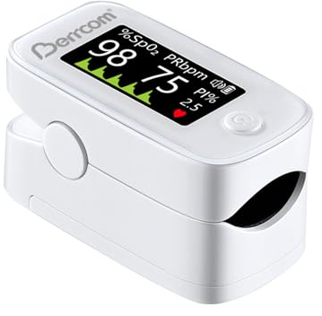 Berrcom Fingertip Pulse Oximeter with LED Display & Multi-Parameter Tracking (SpO2, PR, PI), Fast & Accurate Blood Oxygen Monitor, Includes Batteries & Lanyard (White)