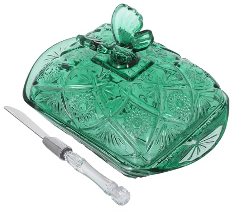 BIUDECO Mantequera de Vidrio con Tapa y Cuchillo Verde Mantequillero para Encimera y Refrigerador Bandeja Versátil para Mantequilla Quesos y Postres Diseño Compacto y Fácil Limpieza