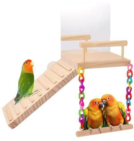 FxaumsGxuk Vogelsitz-Schaukel – Holz -Spielschaukel mit Spiegel | Vogel-Kauspielzeug, Haustierkäfig-Zubehör für Lovebird, Nymphensittiche, Aras, Sittiche, Sittiche, Finken