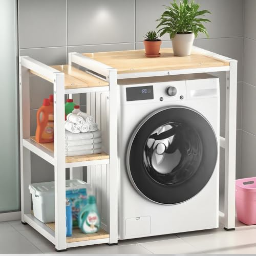 Meuble Machine Laver et Seche Linge, Étagère Machine À Laver À Tambour Situées Au-dessus Du Lave-linge avec Trois Étagères Latérales et Pieds Antidérapants(White)