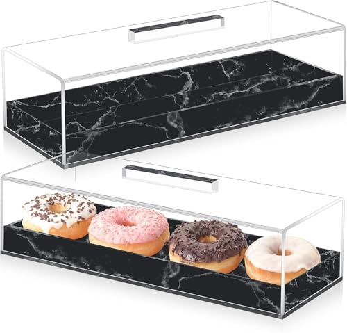 2 Pcs Cake Trays with Lids, Rectangular Clear Acrylic Stands, Black | 35x13x9 cm; Marbleized Grain Base; Protective Clear Lids; Durable Acrylic Material; Ideal for Parties