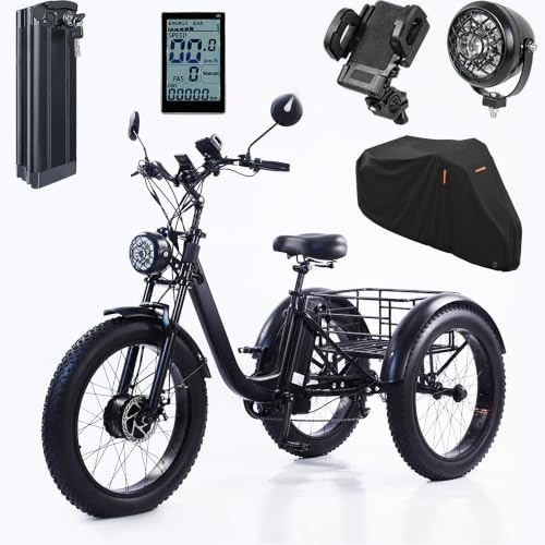 ZRLYbau Elektro Dreirad für Erwachsene 24 Inch 7 Gänge Fat Tire 3 Rad E-Trike mit Heck Einkaufskorb Hohe Reichweite E-Bike für Senioren Damen Herren Regenschutz Staubschutz Black