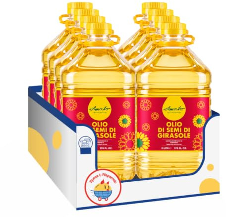 Amato Olio di Semi di Girasole 5 Litri, Olio Alimentare per Fritture, Cottura e Condimenti, Tanica PET, Confezione Multipla da 4/8/12 Pezzi (4 PEZZI)