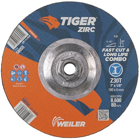 Weiler 58055 7 x 1/8 Tiger Zirc Type 27 Cut and Grind Combo Wheel, Z30T, 5/8-11 UNC Nut (Pack of 10)