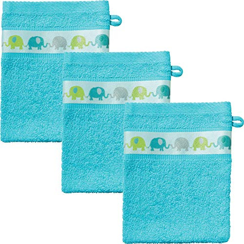 Erwin Müller Walk-Frottier Kinder-Waschhandschuh mit Elefanten-Bordüre, 3er-Pack türkis Größe 15x21 cm - angenehm weich und flauschig, besonders schnell trocknend und saugstark