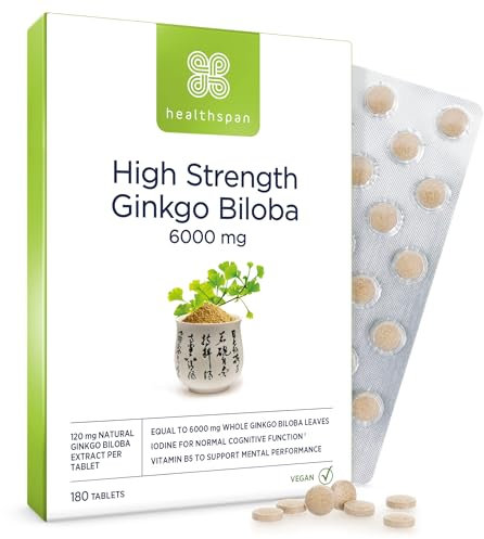 Healthspan Ginkgo Biloba 6,000mg | High Strength | 180 Tablets | Iodine | Vitamin B5 | Flavone Glycosides | Vegan