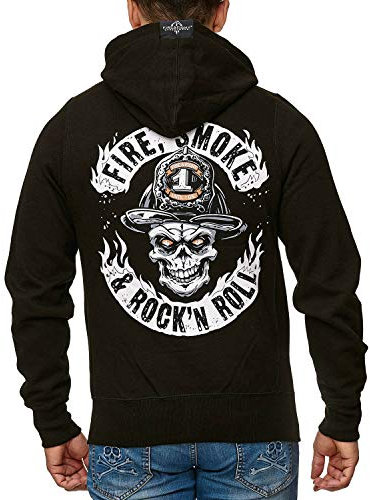 Fire Smoke & Rock´n Roll - Original Design Kapuzen Jacke Unisex Firefighter Skull Flammen Hand gezeichnet Design Hoodie Zipper