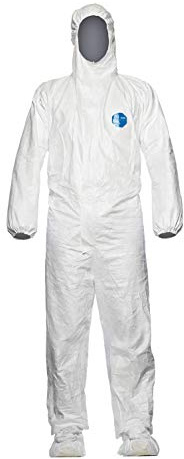 DuPont Tyvek 500 Labo Chemikalienschutzkleidung mit Kapuze und Überschuhen mit rutschhemmender Sohle, Kategorie III, Typ 5 und 6 Weiß Größe L