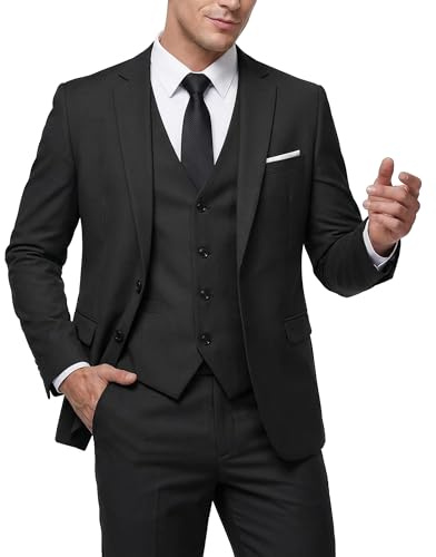 MY'S Men's 3 Piece Slim Fit Suit Set with Tie, 2 Button Blazer Jacket Vest & Pants, Business Wedding Party Prom Suit for Men, Black XX-Large