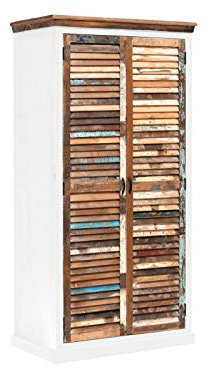 Woodkings® Kleiderschrank Perth Holz weiß 2türig, recyceltes Massivholz Lamellentüren antik, Flurschrank Vintage, Flurmöbel, Dielenschrank, Holzschrank