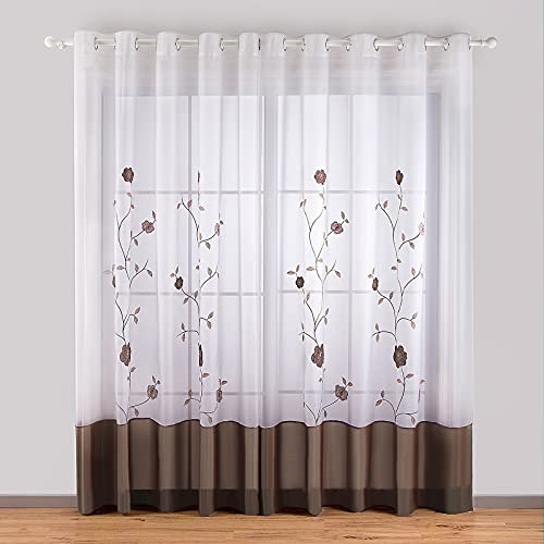 SIMPVALE 2 Piezas Cortinas de Salon - Bordado Floral Exquisito, 140x245cm, Marrón Translucido Visillos Paneles con Ojales para Dormitorio Comedor y Salón