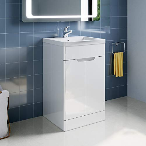ELEGANT 490mm Vanity Cabinet with Sink High Gloss White Vanity Unit | Bathroom Cabinet with 2 Soft Close Door Without Handle + Polyresin Basin, Free Standing Basin Vanity Cabinet Units