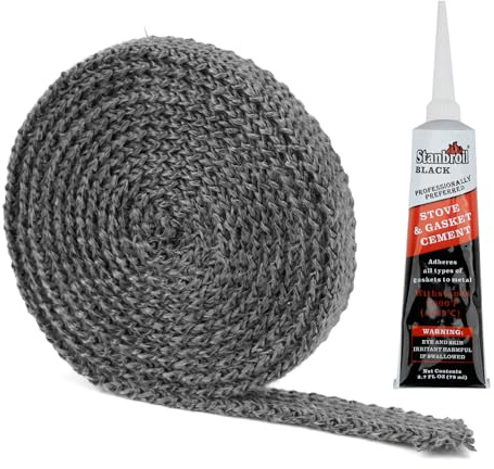 Stanbroil Graphite Impregnated Fiberglass Flat Rope Seal and High Temperature Cement Gasket Kit Replacement for Wood Stoves - 5/8 x 1/8 x 84