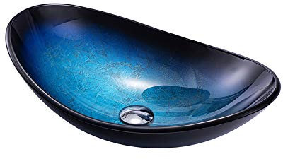 Shower Set Lavabo Vasque en Verre Trempé, Lavabo Lave-Mains Ovale Vasque à Poser Monter Salle de Bain Lavabo Vasque avec Drain, 540mm * 360mm* 160mm*12mm,Bleu