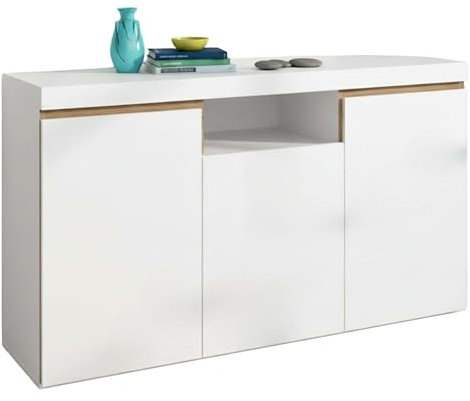 Fabrikit Mueble aparador Elis salón Comedor despacho Color Blanco Mate y Naturale 3 Puertas 1 Hueco 81x140x40 cm