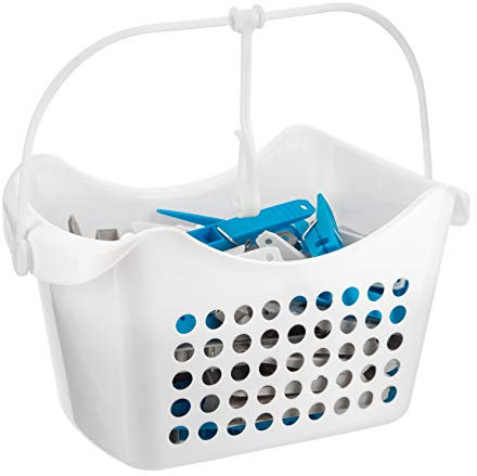 50 Large Clothes Pegs in Hanging Storage Basket for Washing Line Laundry Airer Strong Basket Garments Indoor/Outdoor Assorted Colours Pegs with Basket (White)