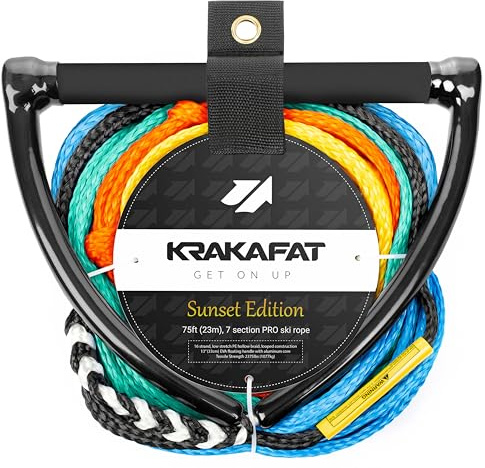 KRAKAFAT 75ft Water Ski Rope, Wakeboard Rope - 13 Floating Handle with NEW Superior No-Peel Seamless EVA Grip - 7 Sections - 1-2 Rider Tube Tow Rope for Tubing - Boat Tow Rope for Kneeboard