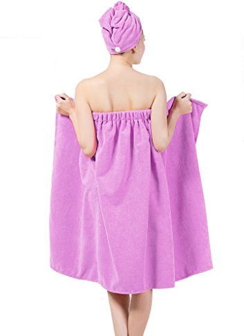 FakeFace Damen Saunakilt Sauna Kilt Handtuch, Spa Bademantel Set Badetuch mit Haartrockentuch, Verstellbare Weite Saunasarong Saunatuch Mikrofaser Sarong Kilt Violett