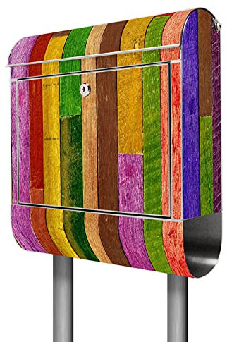 banjado® Briefkasten mit Standfuß Motiv Holz Collage Bunt - Stand Briefkasten Edelstahl mit Zeitungsfach - Postbox/Postkasten A4 Einwurf inkl. Montagematerial & 2 Schlüssel