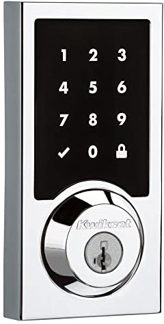 Kwikset 916 Contemporary Touchscreen SmartCode Electronic Deadbolt Smart Lock featuring SmartKey Security and ZigBee Technology in Polished Chrome
