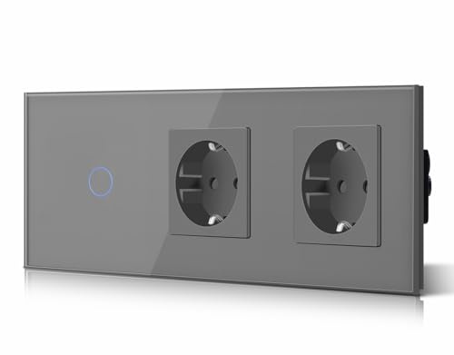 BSEED Touch Lichtschalter mit Stekdose aus Glas, Modern Schlater und Wandsteckdosen, KEIN WLAN, 1 Fach 2 Wege + Doppelt Steckdosen, 228mm Grau