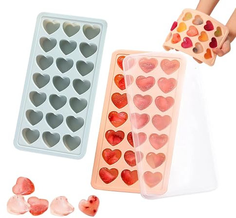 2 Pack Heart-Shaped Ice Cube Trays - 42 Holes Silicone Heart Ice Cube Tray with Lid, BPA Free and Dishwasher Safe, Mini Heart Shape Ice Cube Mold, Easy to Remove (Pink + Blue)