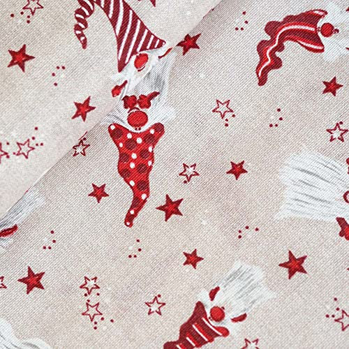 (9,21 /m2) Stoff Wichtel beige rot Meterware | Dekostoff zum Nähen für Weihnachten | Weihnachtsstoff Jute-Optik