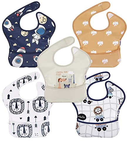 Waterproof Baby Bibs, 5 Pack Feeding Bibs for Boys Girls, Easy Clean