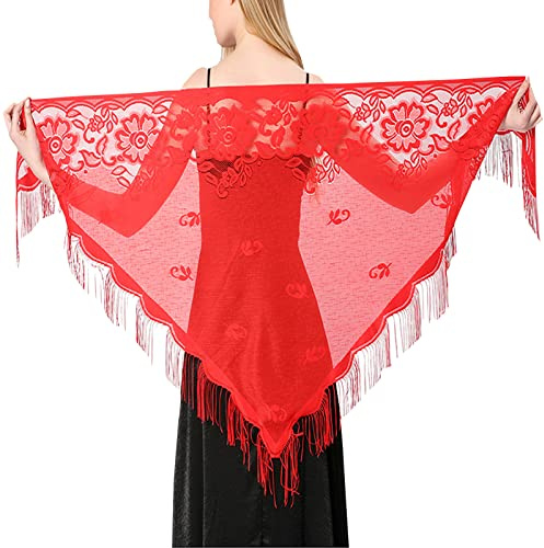 JK Home 184.5x74cm Echarpe Triangle en Dentelle Foulard Floral Châle Femme Chic Mariage Rouge