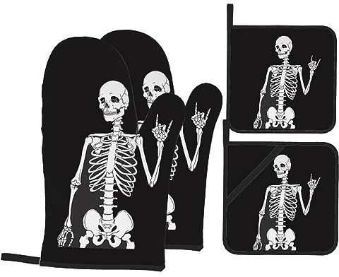 LAMAME Coole Totenkopf-bedruckte Ofenhandschuhe und Topflappen-Set, hitzebeständige Ofenhandschuhe, Küchenhandschuhe
