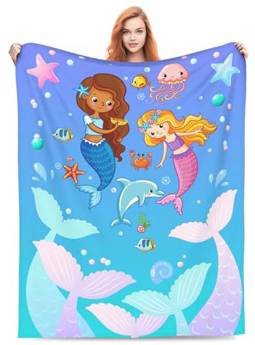 VODRM Meerjungfrauen-Decke, Geschenke für Kinder, Mädchen, niedlicher Cartoon-Seeschwanz, Überwurf, Decken, weich, warm, leicht, gemütlich, Fisch-Tierüberwürfe für Bett, Wohnzimmer, Sofa, Couch,