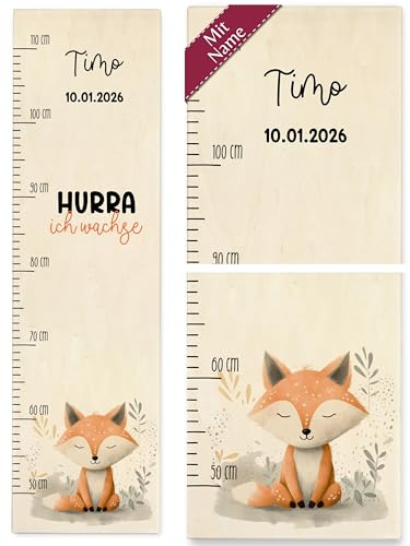 Messlatte Kinder - Hurra ich wachse Fuchs mit Name und Datum Kindermesslatte Babymesslatte Jungen Mädchen - 50-110 cm - Holz - baby für