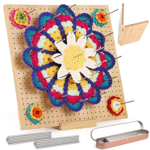 Coopay Granny Square Spanner Groß, 33 x 33 cm Blocking Board Häkeln Groß mit 30 Edelstahl Stabstiften, Faltbar Bambus Spannbrett für Granny Squares Spannen, Strick- und Häkelprojekte, Blocking Board