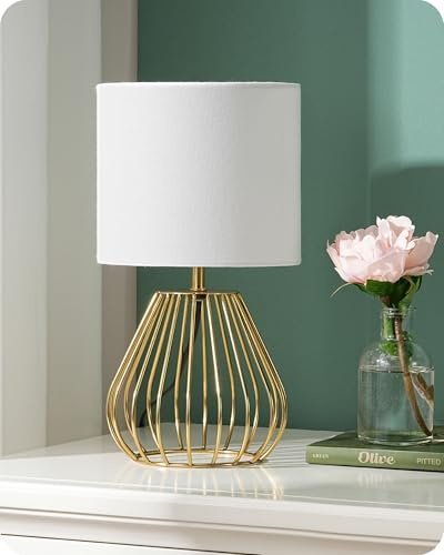 EDISHINE Bedside Lamp, Gold Teardrop Cage, Linen Shade, E14 Bulb Included