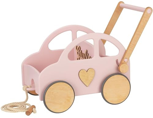 Lauflernwagen - Individuell mit Namen - Holz Lauflernwagen - Lauflernwagen Kinderwagen - Sicher Abgerundete Kanten - Ausdrucksstarke und Schöne Farbe (Puderrosa)