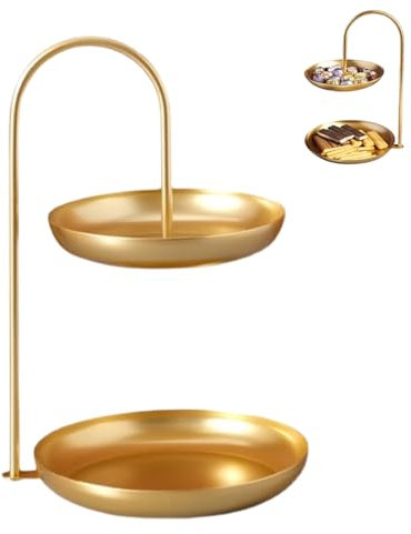 HERCHR Tiered Fruit Basket Gold Metal 6.7×7.9×12.6inch 2 Tier Fruit Basket Rack Stand Pastry Stand Metal Tiered Serving Tray for Countertop Keeping Vegetables and Bread