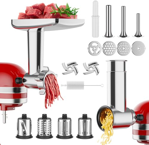 Fleischwolf & Käsereibe Aufsatz für KitchenAid Standmixer | Fleischwolf mit Wurstfüllröhren, Hobel Zerkleinerer Aufsätze, Lebensmittelmühle für KitchenAid Mixer-Aufsätze