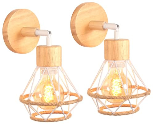 TOKIUS 2 Stücke Wandlampen Vintage 16CM Wandleuchte Innen im Industrial Design Retro E27 Lampe aus Holz Eisen Käfig Lampenschirm mit Hanfseil Verstellbare Deckenleuchte für Flur Wohnzimmer (Weiß)