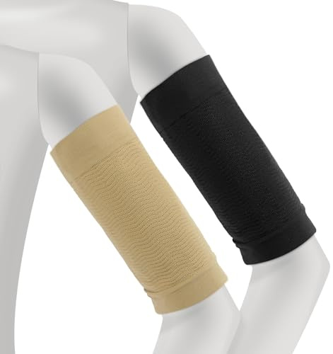 poeland 2 Pairs Slimming Arm Sleeves, Arm Shapers Sport Arm Shapers, Elastic Compression Arm Shapers for Women Girls (Black, Light Khaki)