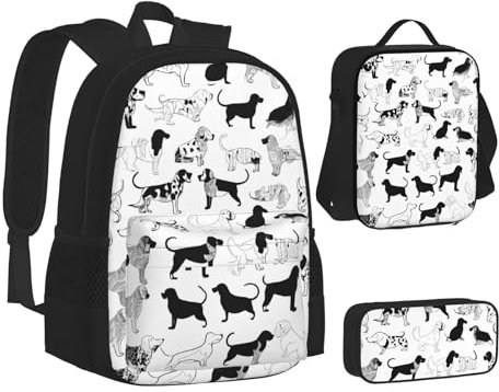 UENFFKDAP Süßer Dackel-Rucksack Set, mit Lunchtasche und Federmäppchen, große Kapazität, Schultasche, leichter Freizeitrucksack