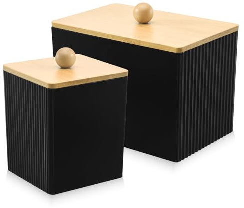 PRITOK Wattestäbchen Spender Schwarz: 2 Stück Wattepadspender mit Bambusdeckel, Multifunktional Acryl Wattestäbchen Behälter Bad Organizer, Wattepadspender für Wohnzimmer, Schlafzimmer, Badezimmer