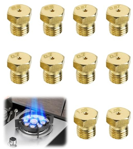 10 Stück Gasdüsen aus Messing für Gasgrills und Gasherde, Ersatzdüsen für Propangas, Gas Nozzles, Messing Düsen, 2x0,5mm, 4x0,7mm, 2x0,87mm, 2x1,02mm, Einsetzbar für Haushalt und Gewerbe