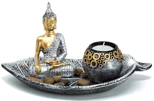 Buddha Deko Set mit Teelichthalter, Silber-Gold, 25 cm, Zen-Garten Dekoration