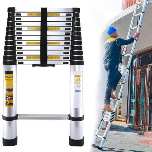 Telescopic Ladder 4.4M/14.5FT Aluminium Extension Ladder, Heavy Duty Folding Extendable Ladder with Adjustable Height, Portable Loft Ladder for Home, Attic, Roof & Outdoor Use