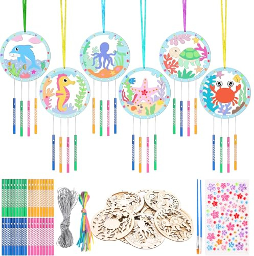 OOTSR 12er Set Meerestiere Holz-Windspiele Bastelset DIY, Windspiel Basteln Holzscheiben Malset für Kinder, Sommerdeko Bastelmaterial Kreatives Geschenk für Geburtstag, Schule, Party