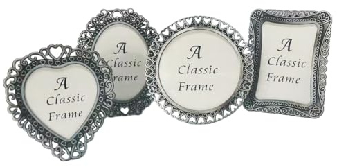 Pofectsty Set of 4 2x3Inch Retro Mini Metal Picture Frame, 4Pcs Vintage Small 2x3 inch Assorted Shapes Picture Frame in Oval Heart Round Rectangle (Retro Silver)