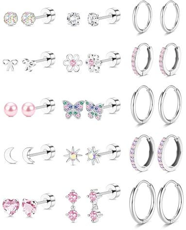 ADRAMATA 15 par gyllene örhängen för kvinnor öronpiercing kirurgiskt stål piercing tragus helix brosk hypoallergeniska örhängen med pärla och fjäril (silver/guld), 6 mm x 8/10/12 mm